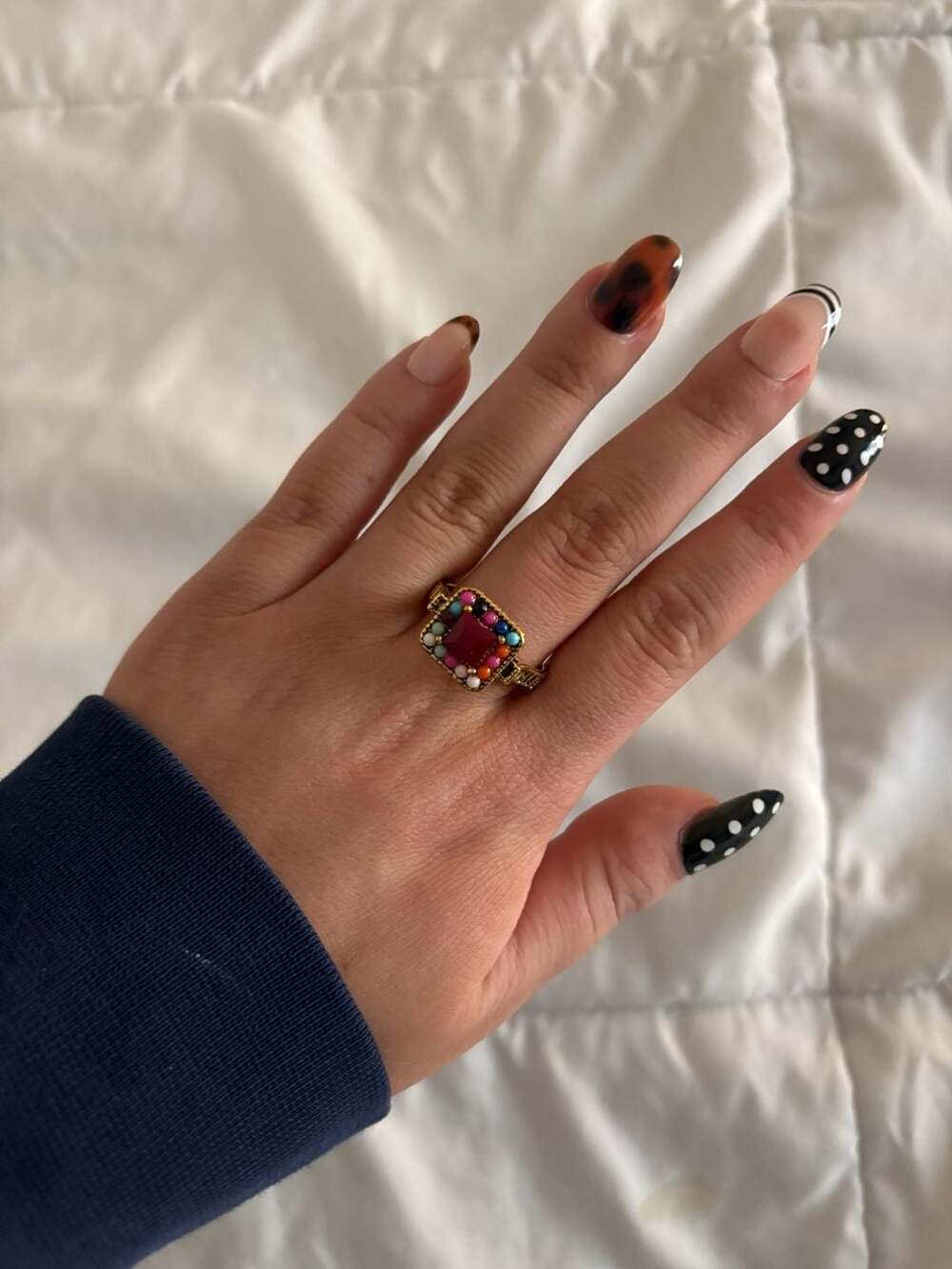 Multi-Color Beaded Statement Ring - Ruby Square Stone